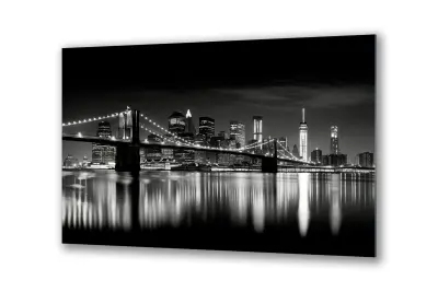 Slika na steklu bridge city črno-belo ponoči okrasna slika 36x23 cm