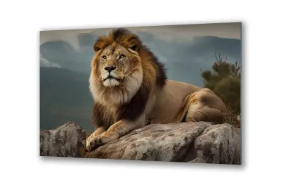 Slika na steklu lev na skali živali savane okrasna slika 130x83 cm