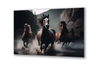 Slika na steklu galopirajoči konji voda okrasna slika 130x83 cm
