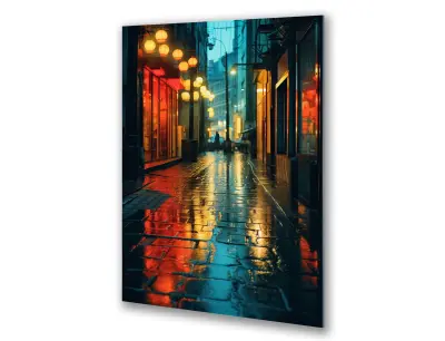 Slika na steklu deževno mesto večerna ulica okrasna slika 83x130 cm