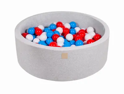 MeowBaby® Bazen z žogicami, 90x30 cm z 200 žogicami, bombaž, svetlo siva: rdeča/bela/modra