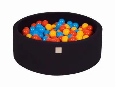 MeowBaby® Bazen z žogicami, 90x30 cm z 200 žogicami, bombaž, črna: rumena/oranžna/modra