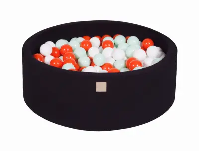 MeowBaby® Bazen z žogicami, 90x30 cm z 200 žogicami, bombaž, črna: mint/oranžna/bela
