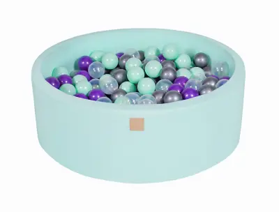MeowBaby® Bazen z žogicami, 90x30 cm z 200 žogicami, bombaž, mint: mint/transparent/srebrna/vijolična