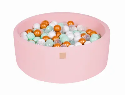 MeowBaby® Bazen z žogicami, 90x30 cm z 200 žogicami, bombaž, svetlo roza: bela/zlata/prozorna/kovnica