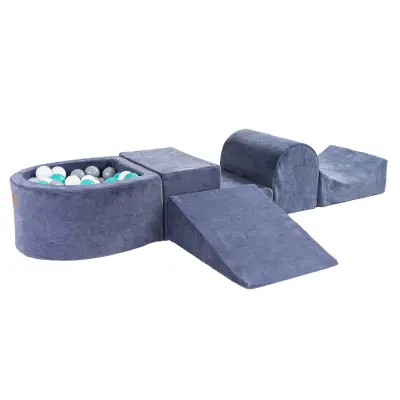 4-delni penasti igralni komplet MeowBaby® Foam Playground z majhnim bazenom za žoge, 100 žog, žamet, modro siva: bela/siva/turkizna
