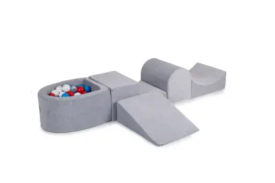 4-delni penasti igralni komplet MeowBaby® Foam Playground z majhnim bazenom za žoge, 100 žog, žamet, svetlo siva: modra/rdeča/bela