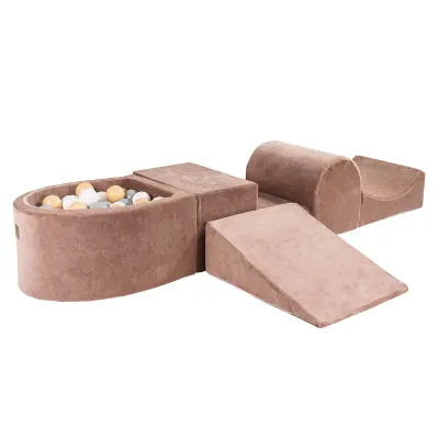 4-delni penasti igralni komplet MeowBaby® Foam Playground z majhnim bazenom za žoge, 100 žog, žamet, bež: bela/siva/bež