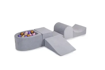 4-delni penasti igralni komplet MeowBaby Foam Playground z majhnim bazenom z žogicami, 100 žogic, žamet, svetlo siva: bež/zlata/pastelno roza/intenziv