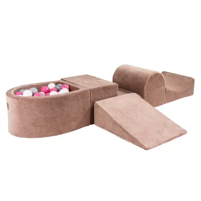 4-delni penasti igralni komplet MeowBaby® Foam Playground z majhnim bazenom z žogicami, 100 žogic, žamet, bež: svetlo roza/siva/bela