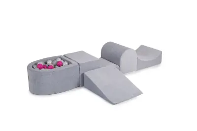 4-delni penasti igralni komplet MeowBaby® Foam Playground z majhnim bazenom za žoge, 100 žog, žamet, svetlo siva: biserna/siva/temno roza