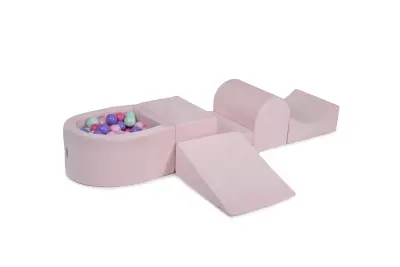 4-delni penasti igralni komplet MeowBaby Foam Playground z majhnim bazenom za žoge, 100 žog, žamet, svetlo roza: pastelno roza/svetlo roza/mint/marmor