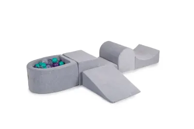 4-delni penasti igralni komplet MeowBaby® Foam Playground z majhnim bazenom za žoge, 100 žog, žamet, svetlo siva: vijolična/prozorna/turkizna
