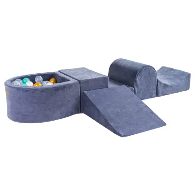 4-delni penasti igralni komplet MeowBaby® Foam Playground z majhnim bazenom žog, 100 žog, žamet, modro siva: zlata/biserna/turkizna/prozorna