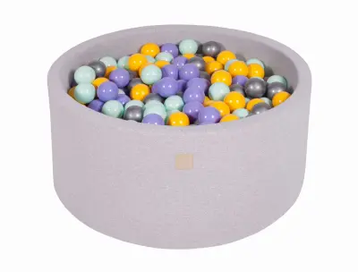 MeowBaby® Bazen z žogicami, 90x40 cm s 300 žogicami, bombaž, svetlo siva: Heather/Yellow/Mint/Silver