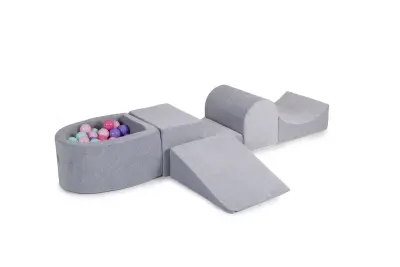 4-delni penasti igralni komplet MeowBaby® Foam Playground z majhnim bazenom žog, 100 žog, žamet, svetlo siva: pastelno roza/svetlo roza/mint/marmor