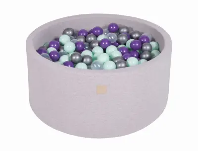 MeowBaby® Bazen z žogicami, 90x40 cm s 300 žogicami, bombaž, svetlo siva: mint/prozorna/srebrna/vijolična