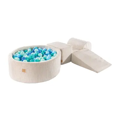 MeowBaby® Foam Playground 3-delni penasti igralni komplet z okroglim bazenom, 200 žog, estetski, velvet, bež: mint/modra/turkizna