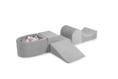 4-delni penasti igralni komplet MeowBaby® Foam Playground z majhnim bazenom z žogicami, 100 žogic, žamet, svetlo siva: siva/bela/pastelno roza