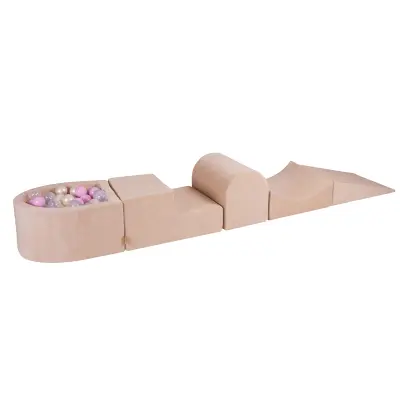 MeowBaby® Foam Playground 4-delni komplet za igranje bazena s penasto žogo, 100 žog, žamet, ekru: prozorna/pastelno roza/biserno bela/siva
