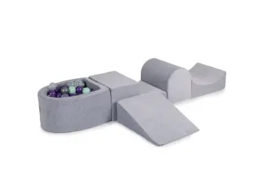 4-delni penasti igralni komplet MeowBaby Foam Playground z majhnim bazenom z žogicami, 100 žogic, žamet, svetlo siva: vijolična/mint/rastlinska/prozor