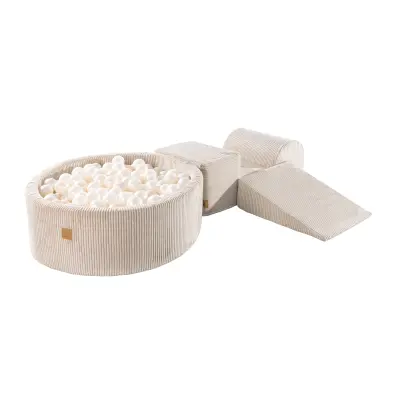 MeowBaby® Foam Playground 3-delni komplet za igranje iz pene z okroglim bazenom, 200 žog, estetsko, Velvet, bež: biserno bela