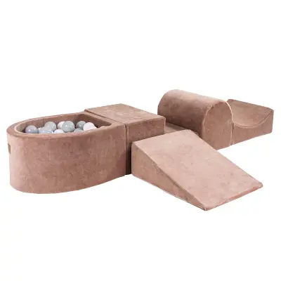 4-delni penasti igralni komplet MeowBaby® Foam Playground z majhnim bazenom z žogicami, 100 žogic, žamet, bež: bela/siva
