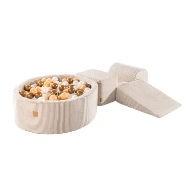 MeowBaby® Foam Playground 3-delni penasti igralni komplet z okroglim bazenom, 200 žog, estetski, Velvet, bež: biserno bela/bež/zlata