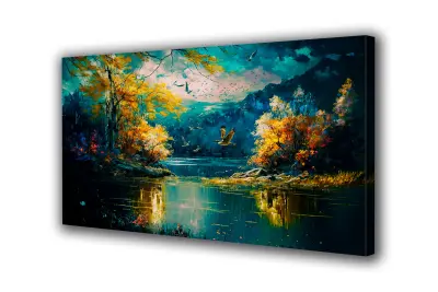 Slika na platnu jezerska pokrajina jesenska narava a 30x20 cm