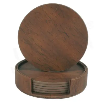 Komplet 6 okroglih podstavkov iz PU usnja z držali Brown