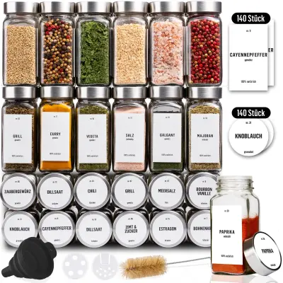 Komplet 24 kozarčkov za začimbe Deco Haus s pokrovčki iz nerjavečega jekla – nalepke, lijak, krtačka, marker – ustreza stojalom za začimbe s 4 policam