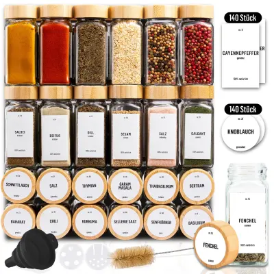 Komplet 24 kozarčkov za začimbe Deco Haus s pokrovčki iz bambusa – nalepke, lijak, krtačka, marker – ustreza stojalom za začimbe s 4 policami – kozarc