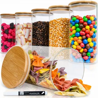 Komplet 6 kozarcev Deco Haus za večkratno uporabo z bambusovim pokrovom – nepredušni, za pomivalni stroj in mikrovalovno pečico – za piškote, testenin