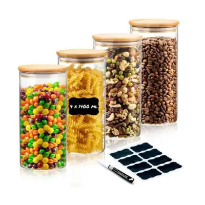 Komplet 4 kozarcev za večkratno uporabo z bambusovim pokrovom Deco Haus – nepredušni, za pomivalni stroj in mikrovalovno pečico – za piškote, testenin