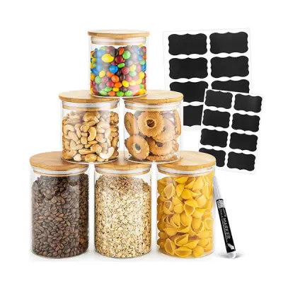 Komplet 6 kozarcev Deco Haus za večkratno uporabo z bambusovim pokrovom – nepredušni, za pomivalni stroj in mikrovalovno pečico – za piškote, testenin