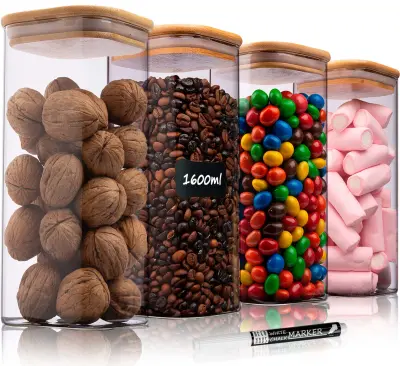 Komplet 4 kozarcev Deco Haus za večkratno uporabo z bambusovim pokrovom – nepredušni, za pomivalni stroj in mikrovalovno pečico – za piškote, testenin