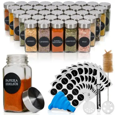 Komplet 36 kozarčkov za začimbe Deco Haus s pokrovčki iz nerjavečega jekla – nalepke, lijak, krtačka, marker – kozarci za shranjevanje in doziranje 12