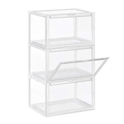Škatle za čevlje, komplet 3 organizatorjev za čevlje s prozornimi vrati, plastična škatla za čevlje, velikost UK 11, 36 x 28 x 22 cm, prozorna LSP03CW