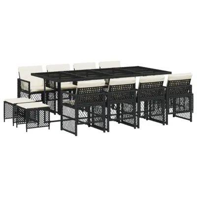 vidaXL Vrtna jedilna garnitura 13-delna z blazinami črn poli ratan