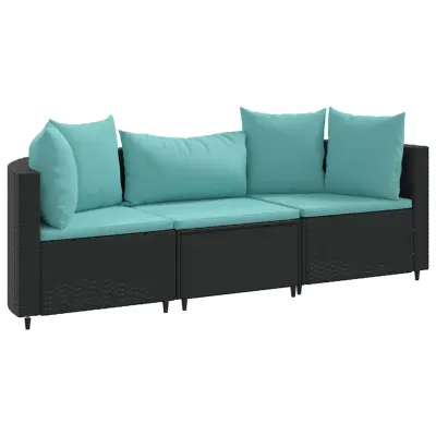 vidaXL Vrtna sedežna garnitura 3-delna z blazinami črn poli ratan