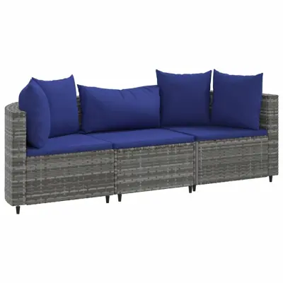 vidaXL Vrtna sedežna garnitura 3-delna z blazinami siv poli ratan