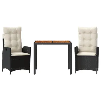 vidaXL Vrtna jedilna garnitura 3-delna z blazinami črn poli ratan