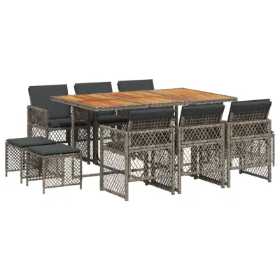 vidaXL Vrtna jedilna garnitura 11-delna z blazinami siv poli ratan