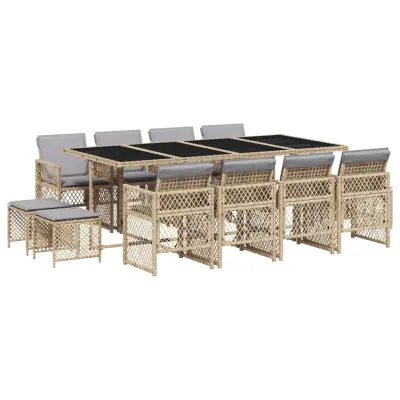 vidaXL Vrtna jedilna garnitura 13-delna z blazinami bež poli ratan