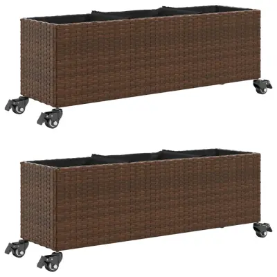 vidaXL Vrtna korita s kolesi 2 kosa rjava 107x32x38 cm poli ratan