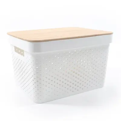 Plastco pvc košara z lesenim pokrovom 35,5x26,5x21,5cm / bela / pvc, les