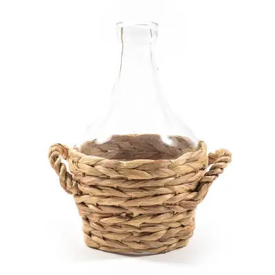Okrasna steklenica v košari h23cm / steklo, les