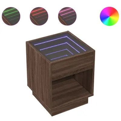 vidaXL Klubska mizica z neskončnimi LED rjavi hrast 40x40x50 cm