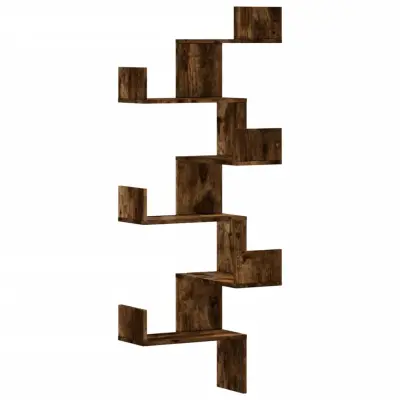 vidaXL Stenska kotna polica dimljeni hrast 45x45x147 cm inženirski les