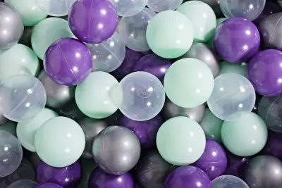 MeowBaby® Set plastičnih žogic, 7 cm, 50 kos: Purple/Mint/Silver/Transparent